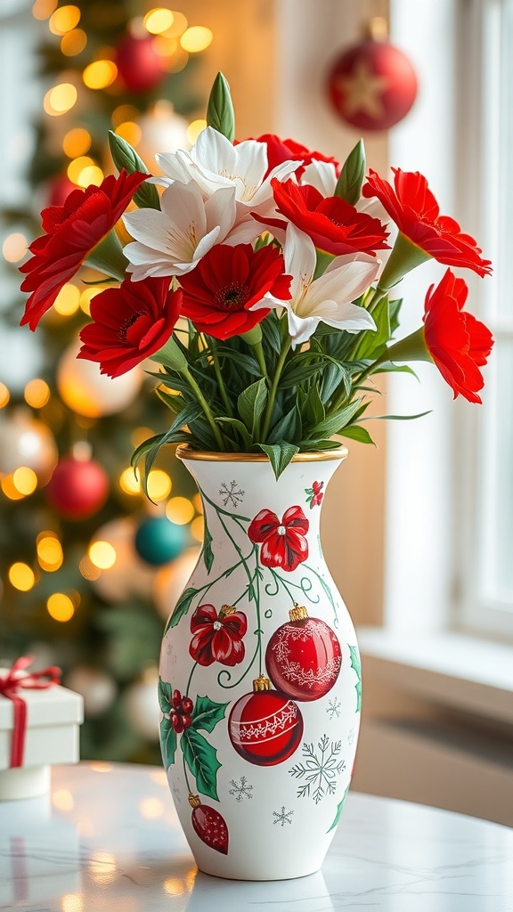 Christmas-Themed Vase Painting Ideas A Christmas vase painted with festive designs, filled with red and white flowers, surrounded by holiday decorations.